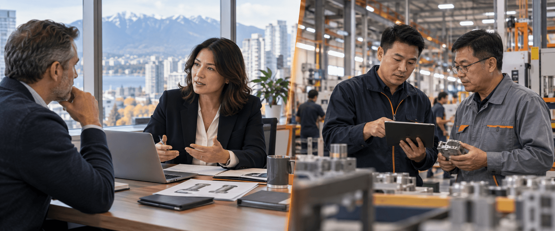 A LIKA advisor meeting with a client in Vancouver while an Asia-side sourcing partner coordinates with a manufacturer